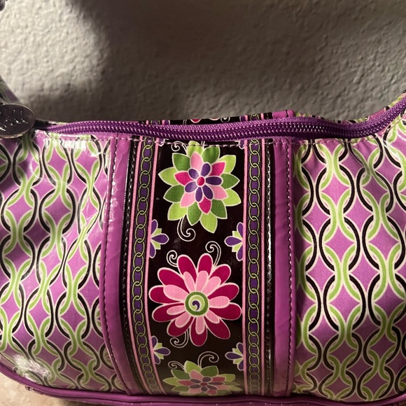 Vera Bradley FRILL Purple Green Floral Coated Vinyl  Bow Handle Hobo Handbag - Picture 2 of 15
